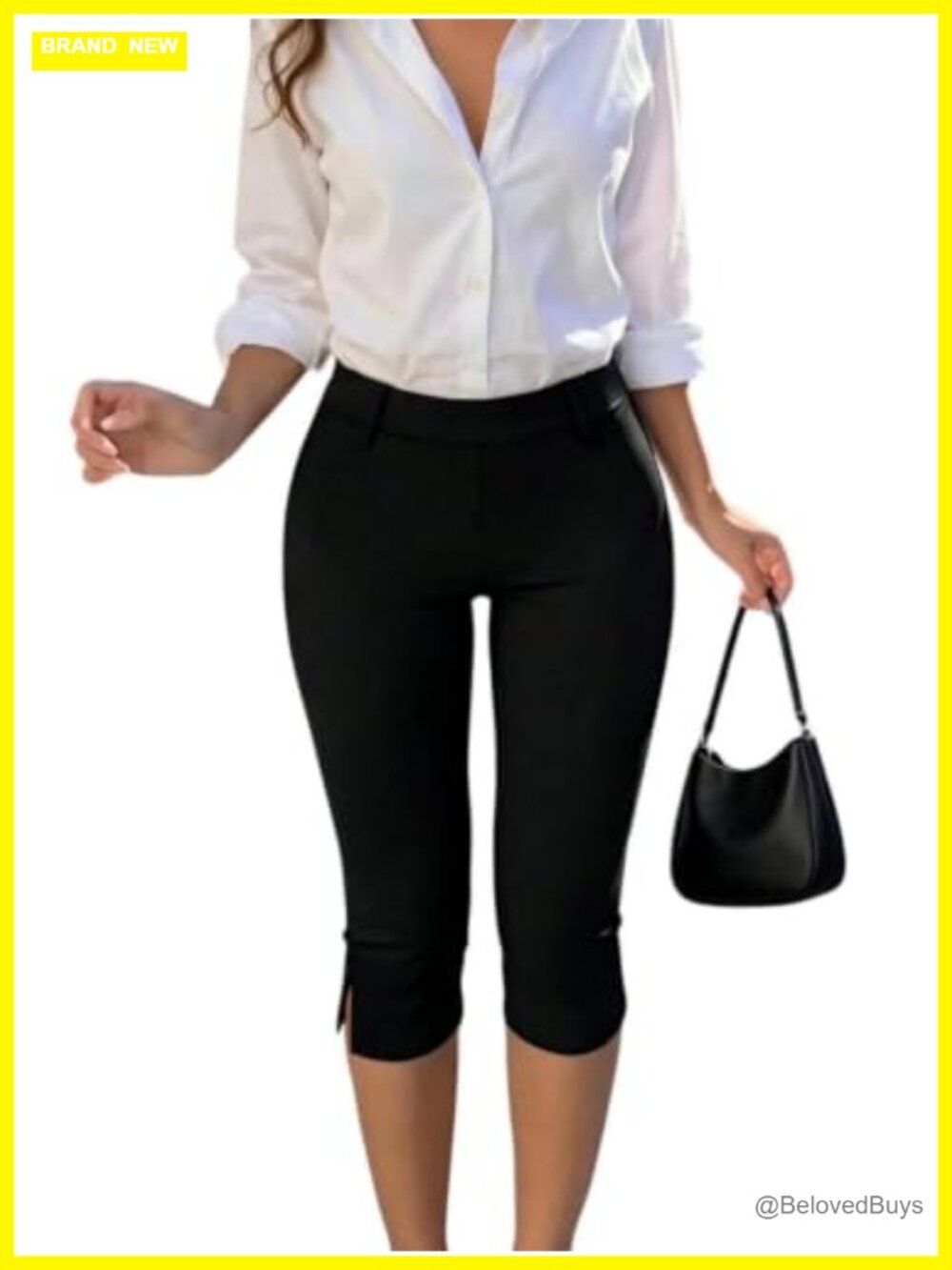 High Waisted Stretch Capri Leggings with Split Hem for Women